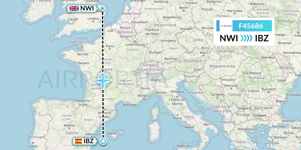 F45686 Air Flamenco Flight Map: Norwich to Ibiza