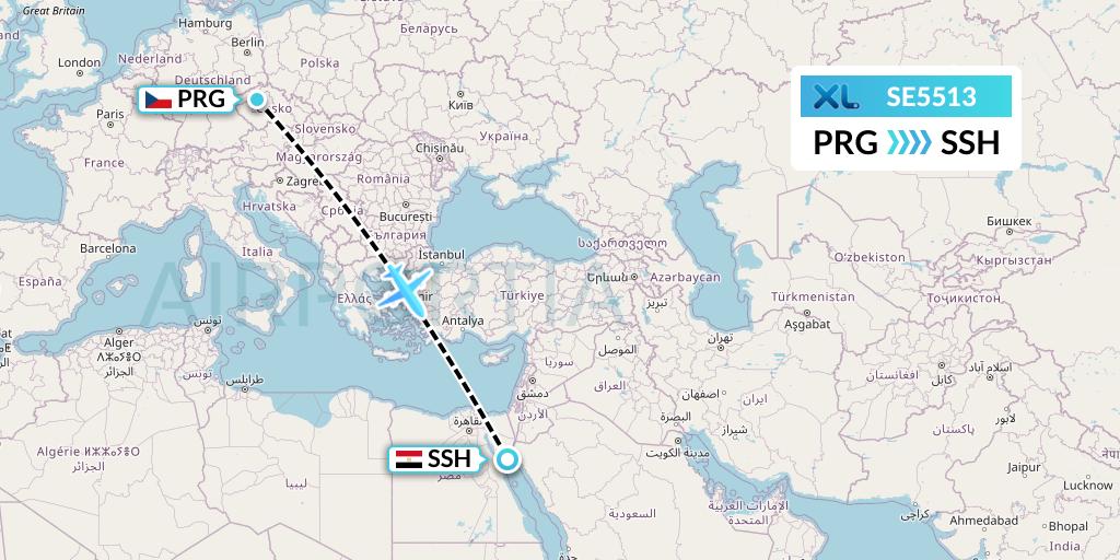 SE5513 XL Airways France Flight Map: Prague to Sharm el-Sheikh