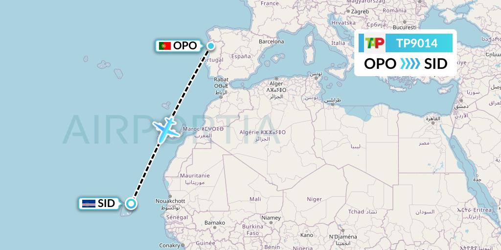 TP9014 TAP Portugal Flight Map: Porto to Espargos