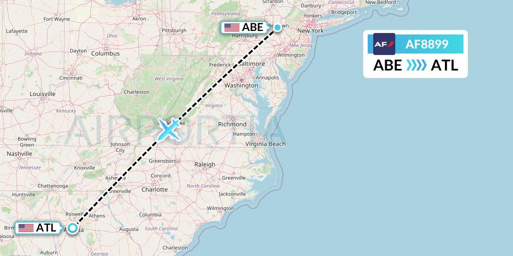 AF8899 Air France Flight Map: Allentown to Atlanta