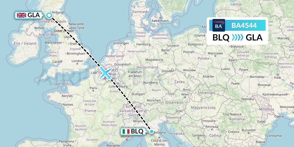 BA4544 British Airways Flight Map: Bologna to Glasgow