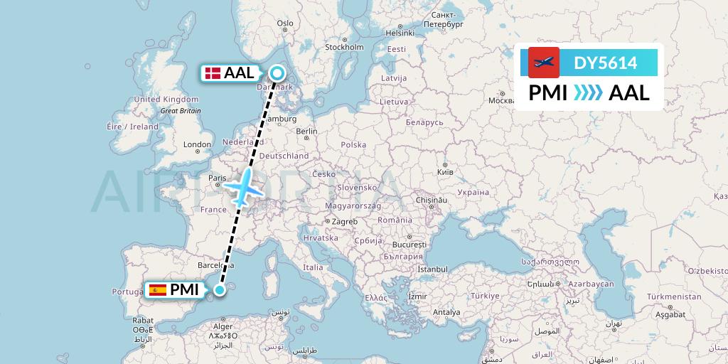 DY5614 Norwegian Flight Map: Palma de Mallorca to Aalborg