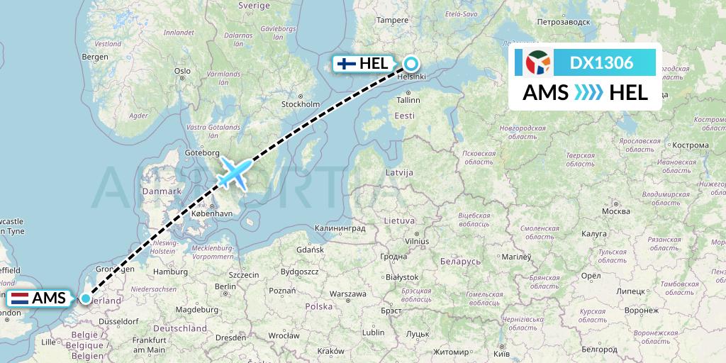DX1306 Danish Air Transport Flight Map: Amsterdam to Helsinki