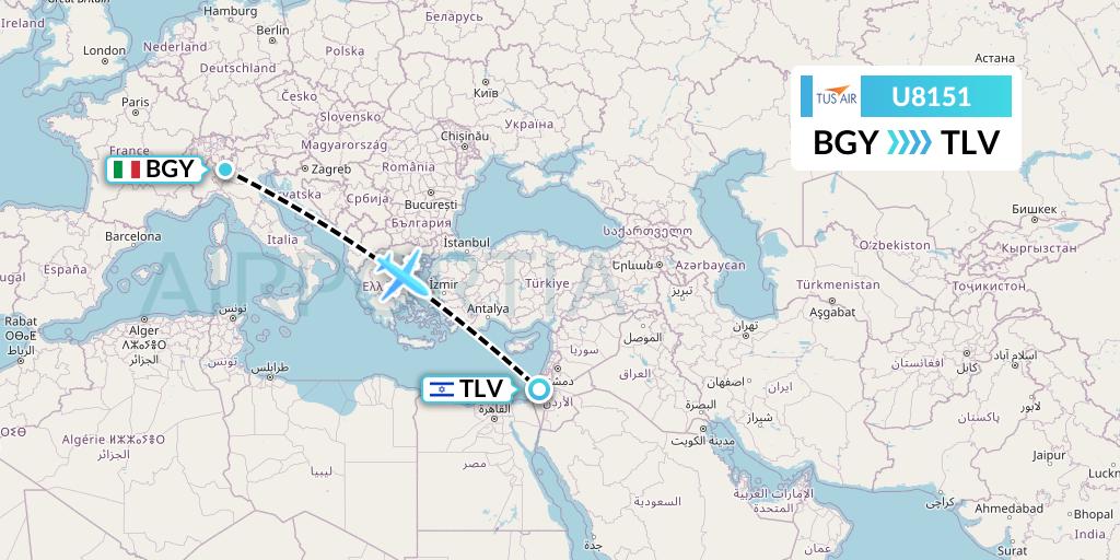 U8151 Tus Airways Flight Map: Milan to Tel Aviv
