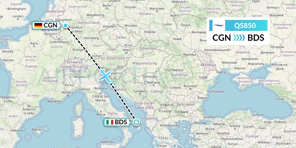 QS850 Smartwings Flight Map: Cologne to Brindisi