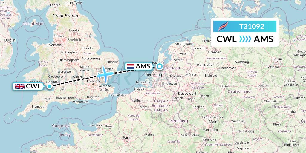 T31092 Eastern Airways Flight Map: Cardiff to Amsterdam