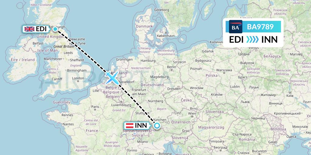 BA9789 British Airways Flight Map: Edinburgh to Innsbruck