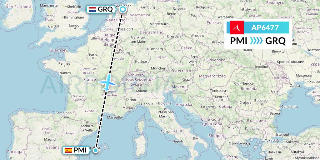 AP6477 AlbaStar Flight Map: Palma de Mallorca to Groningen