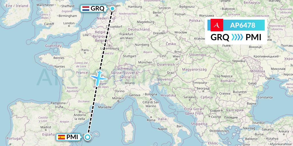 AP6478 AlbaStar Flight Map: Groningen to Palma de Mallorca