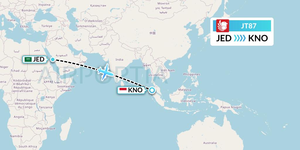 JT87 Lion Airlines Flight Map: Jeddah to Medan