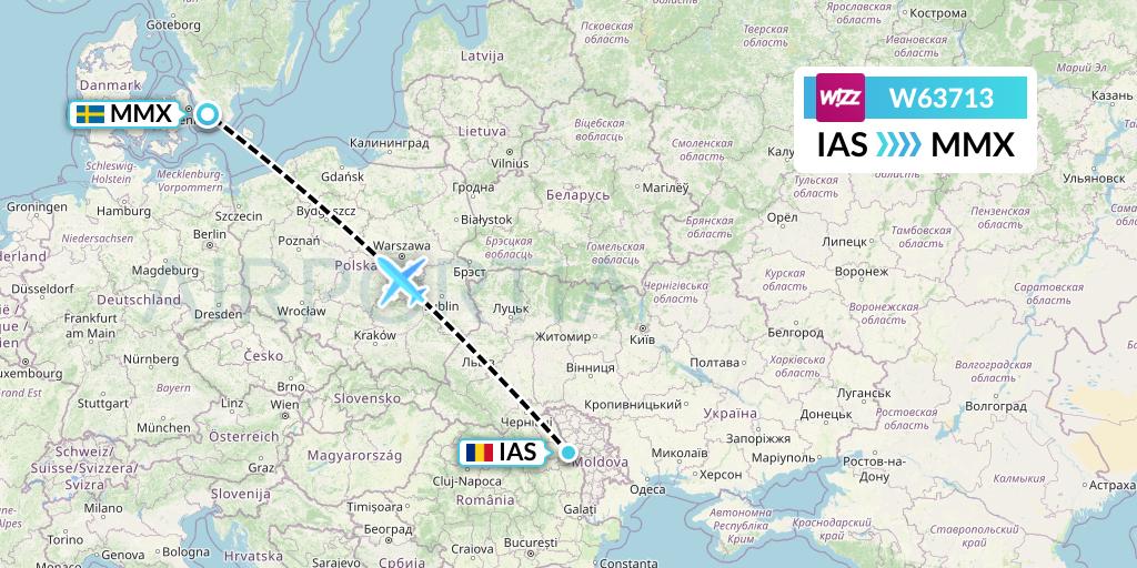 W63713 Wizz Air Flight Map: Iasi to Malmo
