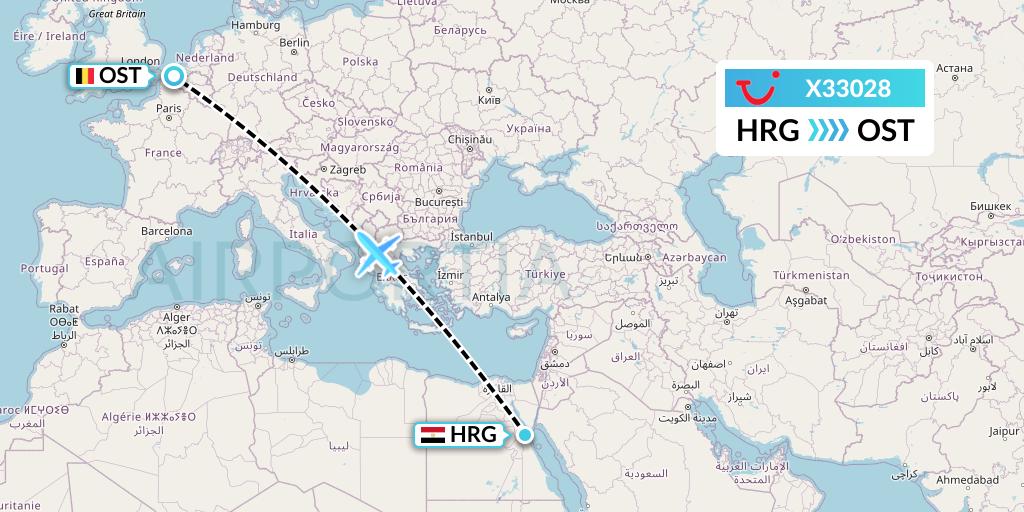 X33028 TUI fly Germany Flight Map: Hurghada to Ostend