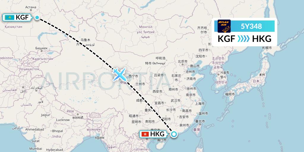 5Y348 Atlas Air Flight Map: Karaganda to Hong Kong