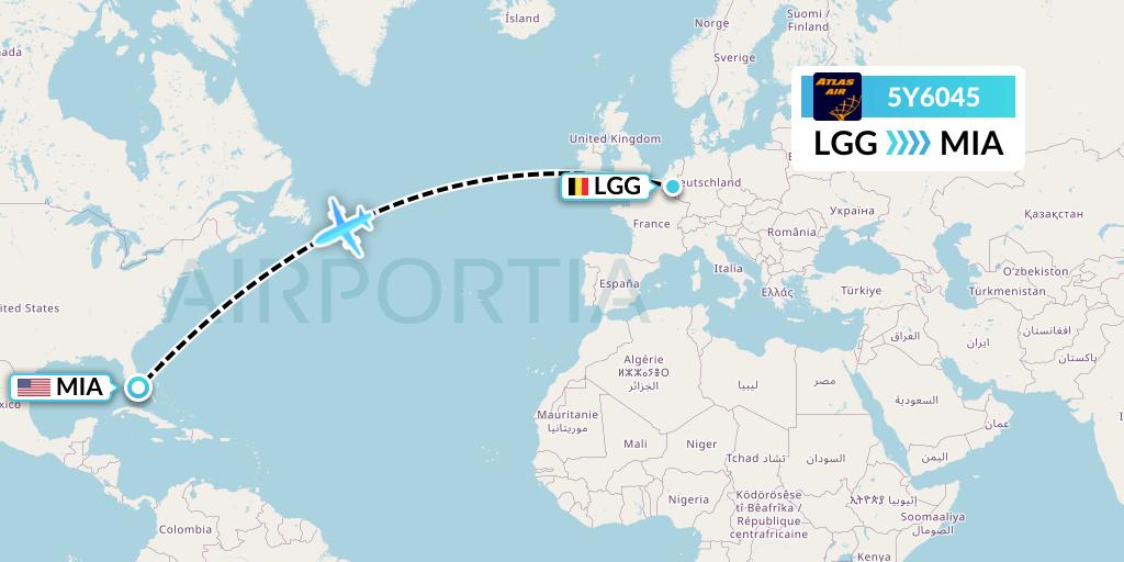 5Y6045 Atlas Air Flight Map: Liege to Miami