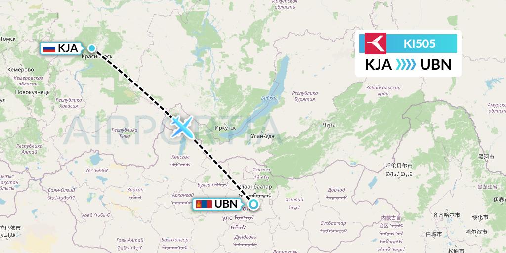 KI505 Krasavia Flight Map: Krasnoyarsk to Ulan Bator