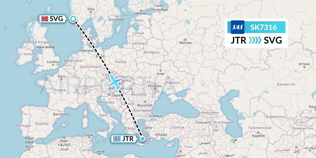 SK7316 SAS Flight Map: Santorini to Stavanger