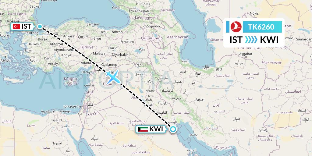 TK6260 Turkish Airlines Flight Map: Istanbul to Kuwait City