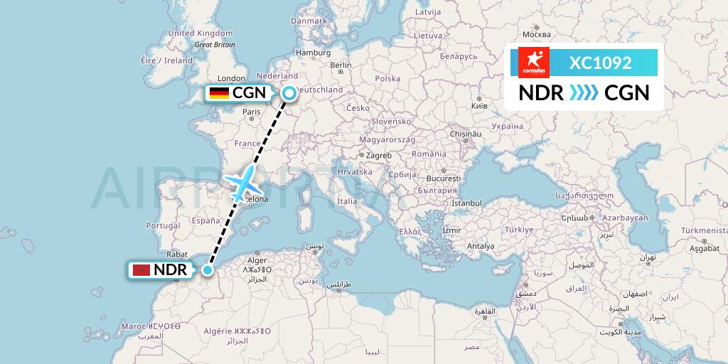 XC1092 Corendon Airlines Flight Map: Nador to Cologne