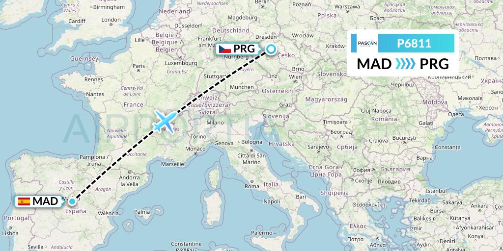 P6811 Pascan Aviation Flight Map: Madrid to Prague