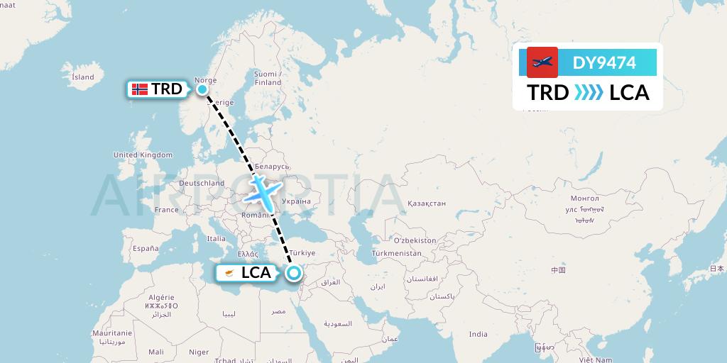 DY9474 Norwegian Flight Map: Trondheim to Larnaca