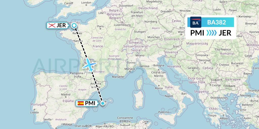 BA382 British Airways Flight Map: Palma de Mallorca to Jersey