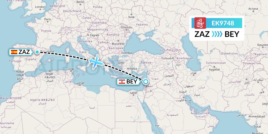 EK9748 Emirates Flight Map: Zaragoza to Beirut