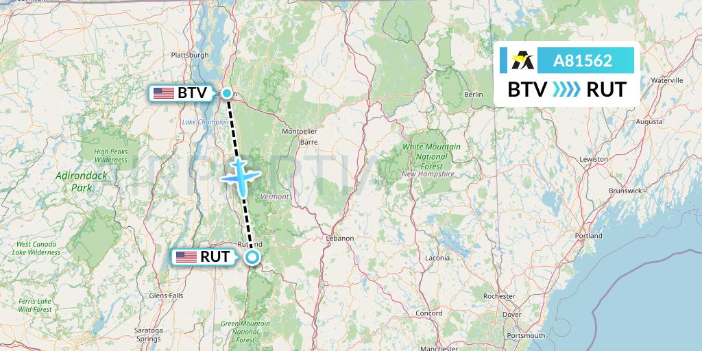 A81562 Aerolink Uganda Flight Map: Burlington to Rutland