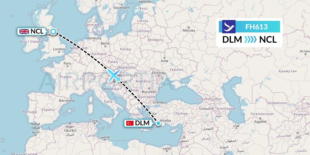 FH613 Freebird Airlines Flight Map: Dalaman to Newcastle