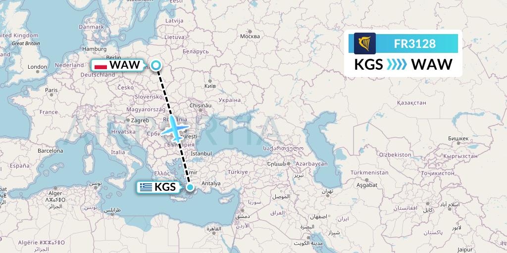 FR3128 Ryanair Flight Map: Kos to Warsaw