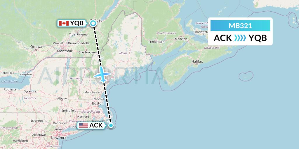 MB321 MNG Airlines Flight Map: Nantucket to Quebec