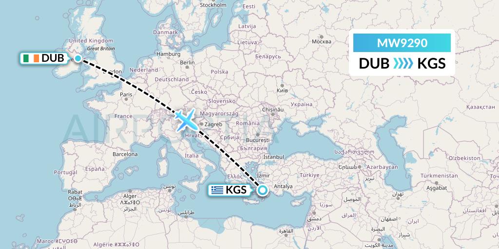 MW9290 Mokulele Flight Service Flight Map: Dublin to Kos