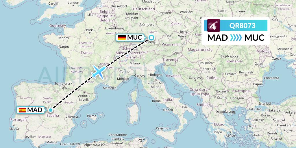 QR8073 Qatar Airways Flight Map: Madrid to Munich