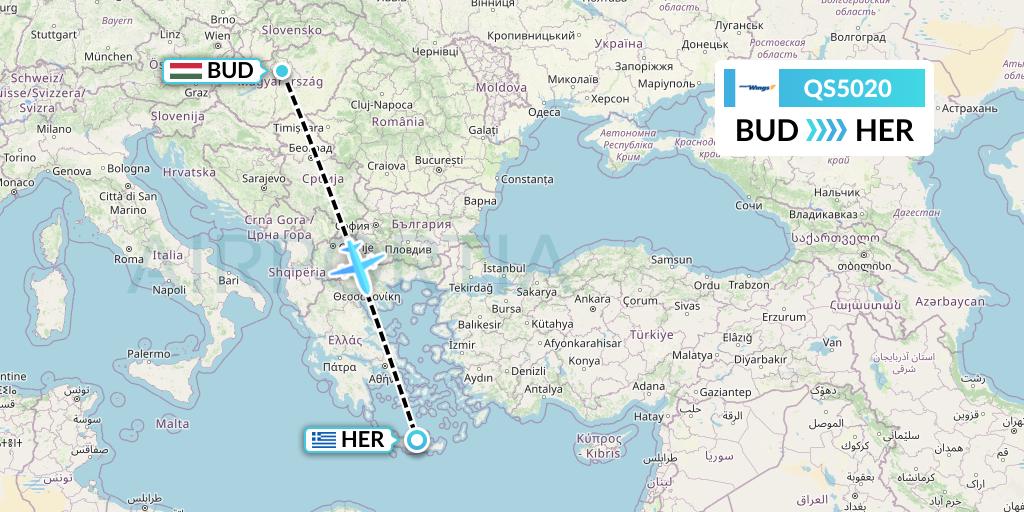 QS5020 Smartwings Flight Map: Budapest to Heraklion