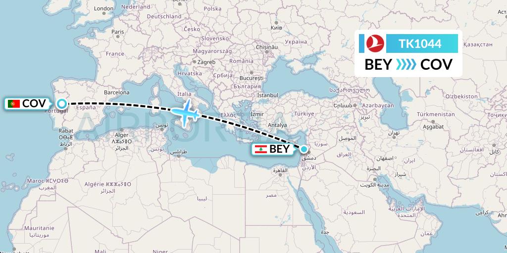 TK1044 Turkish Airlines Flight Map: Beirut to Portugal
