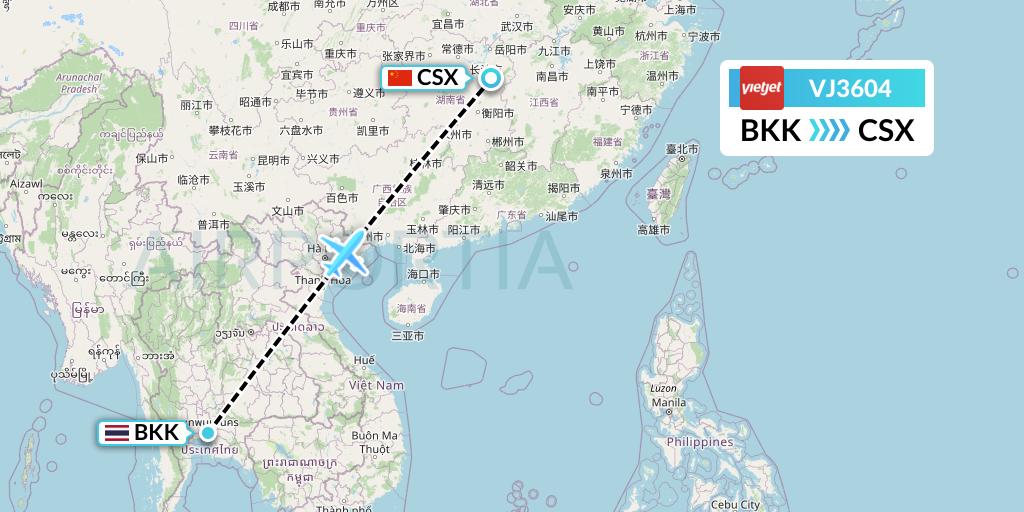 VJ3604 VietJet Air Flight Map: Bangkok to Changsha