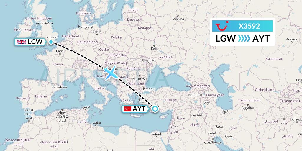X3592 TUI fly Germany Flight Map: London to Antalya