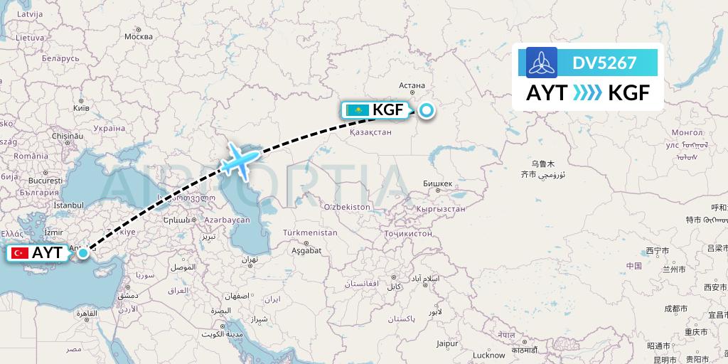 DV5267 SCAT Flight Map: Antalya to Karaganda