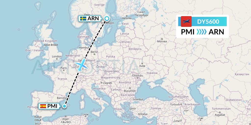 DY5600 Norwegian Flight Map: Palma de Mallorca to Stockholm