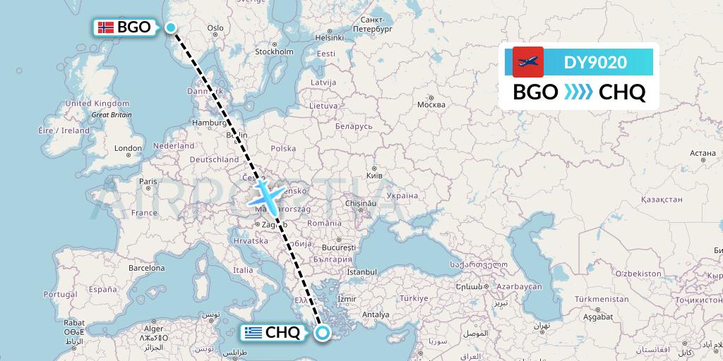 DY9020 Norwegian Flight Map: Bergen to Chania