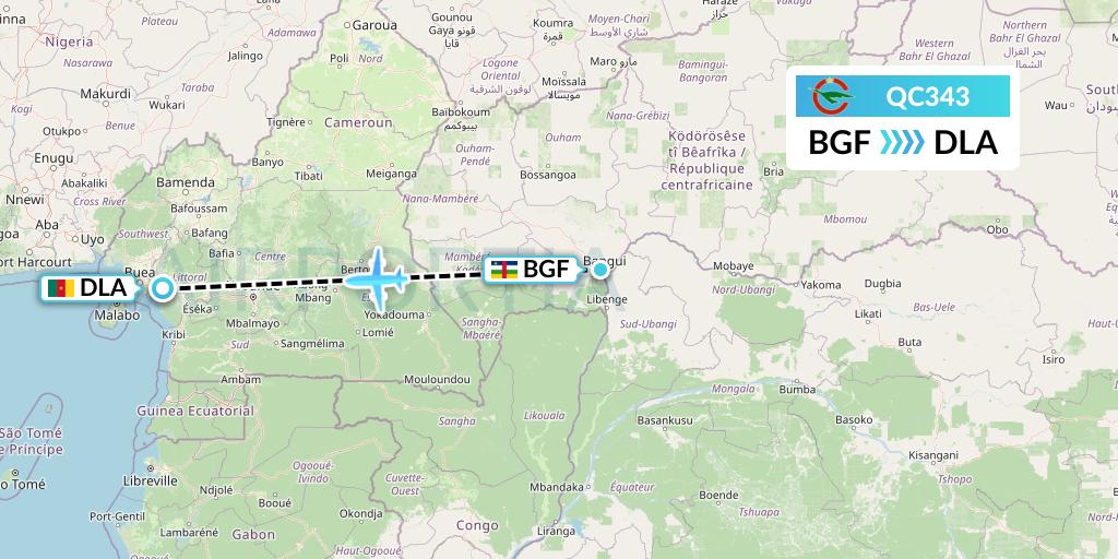 QC343 Camair-Co Flight Map: Bangui to Douala