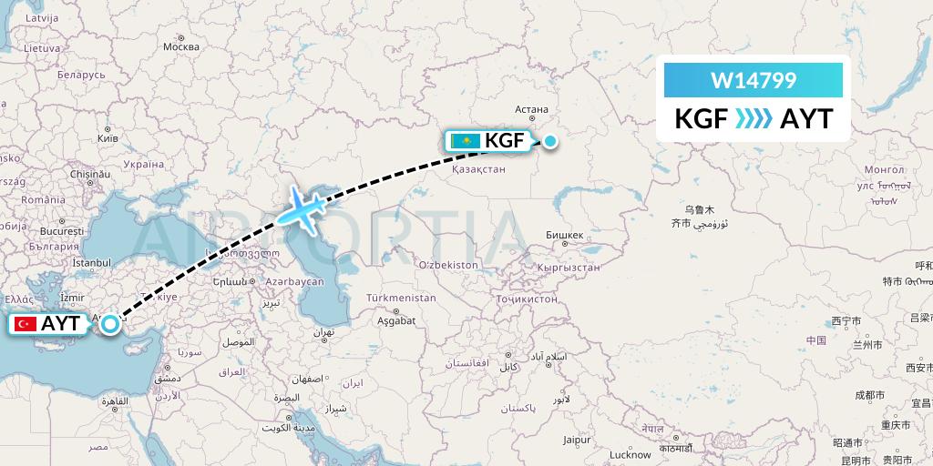 W14799 World Ticket Ltd Flight Map: Karaganda to Antalya