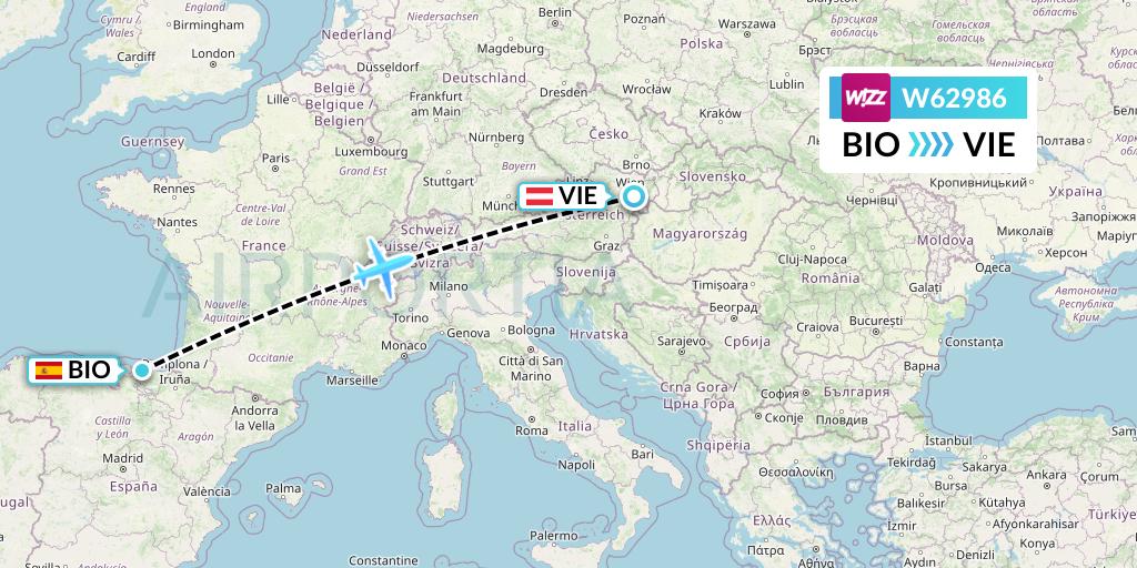 W62986 Wizz Air Flight Map: Bilbao to Vienna