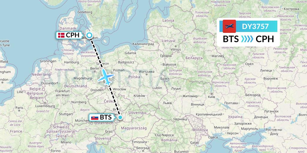 DY3757 Norwegian Flight Map: Bratislava to Copenhagen