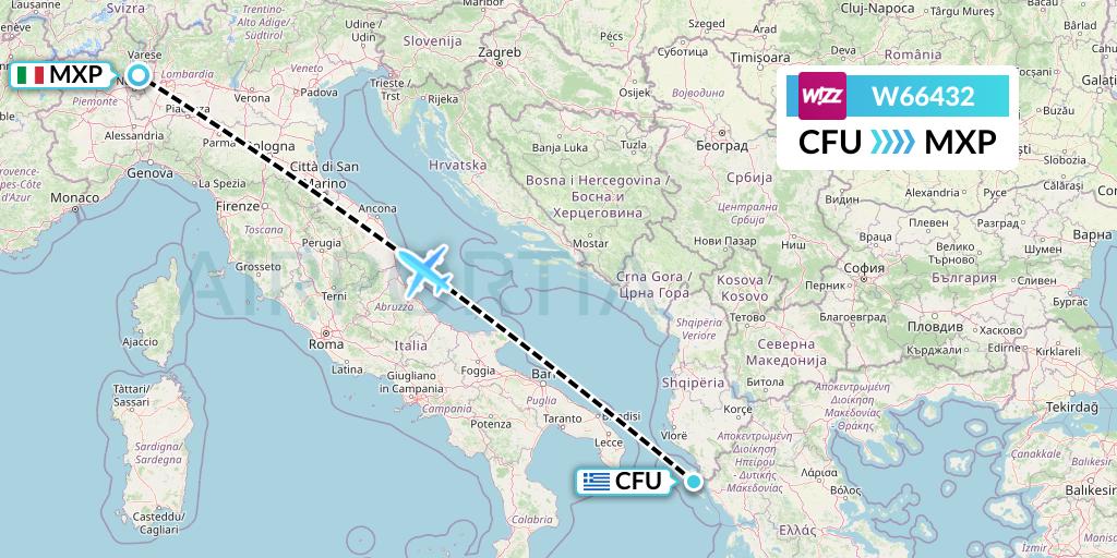 W66432 Wizz Air Flight Map: Corfu to Milan