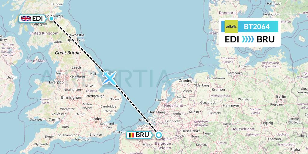 BT2064 Air Baltic Flight Map: Edinburgh to Brussels
