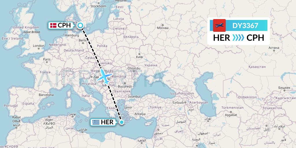 DY3367 Norwegian Flight Map: Heraklion to Copenhagen