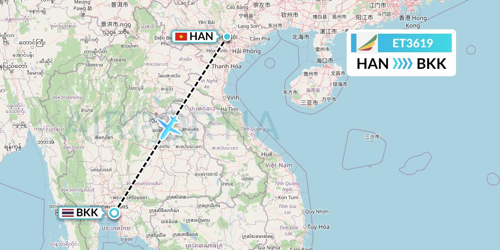 ET3619 Ethiopian Airlines Flight Map: Hanoi to Bangkok