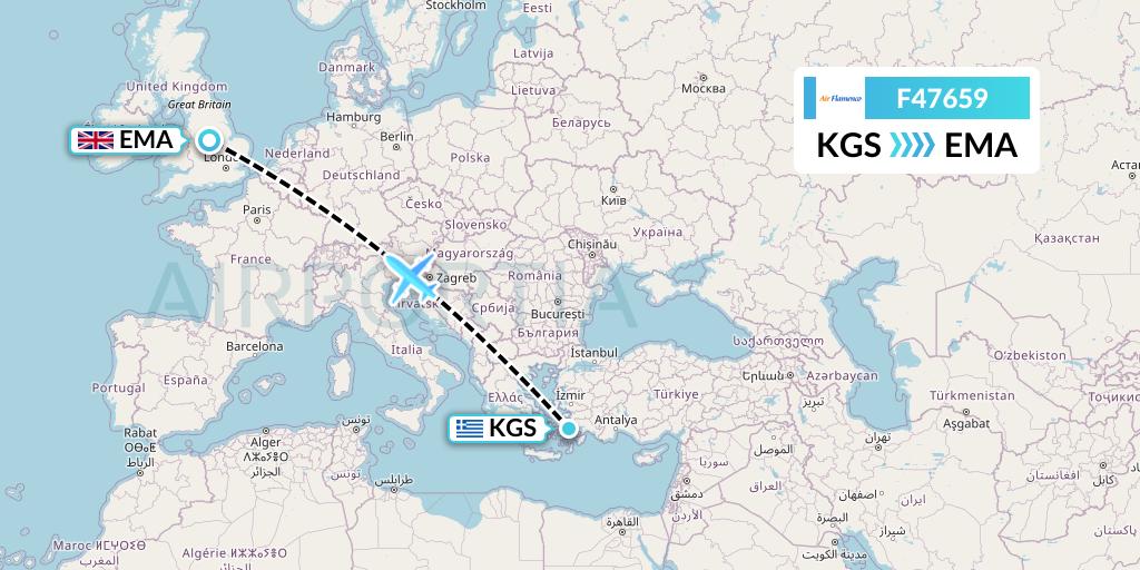 F47659 Air Flamenco Flight Map: Kos to East Midlands