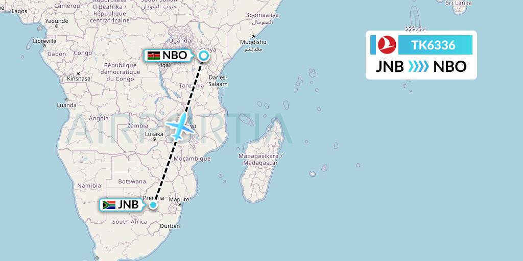 TK6336 Turkish Airlines Flight Map: Johannesburg to Nairobi