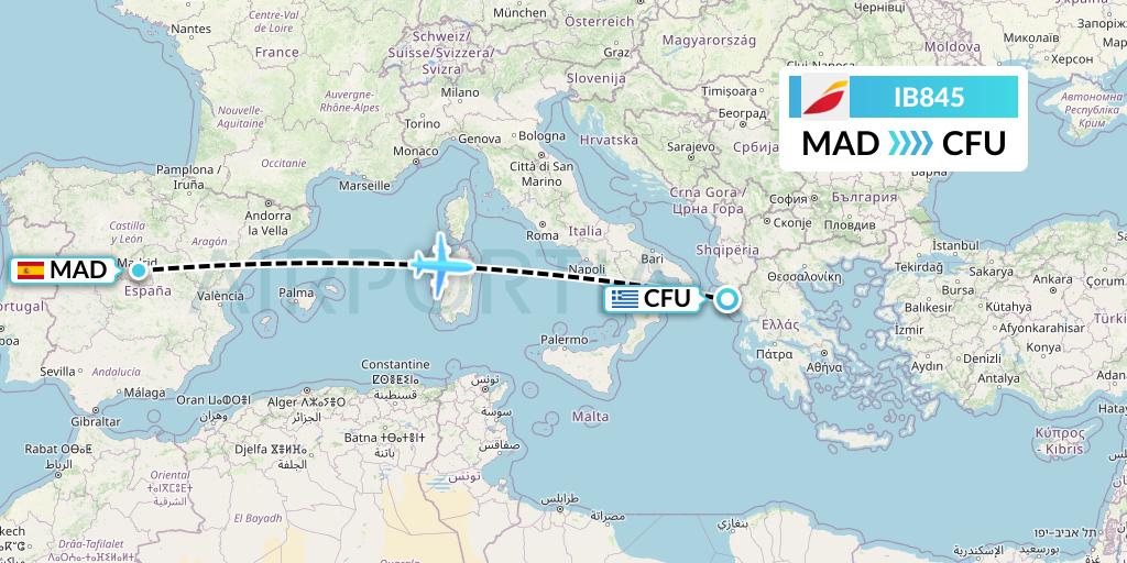 IB845 Iberia Flight Map: Madrid to Corfu